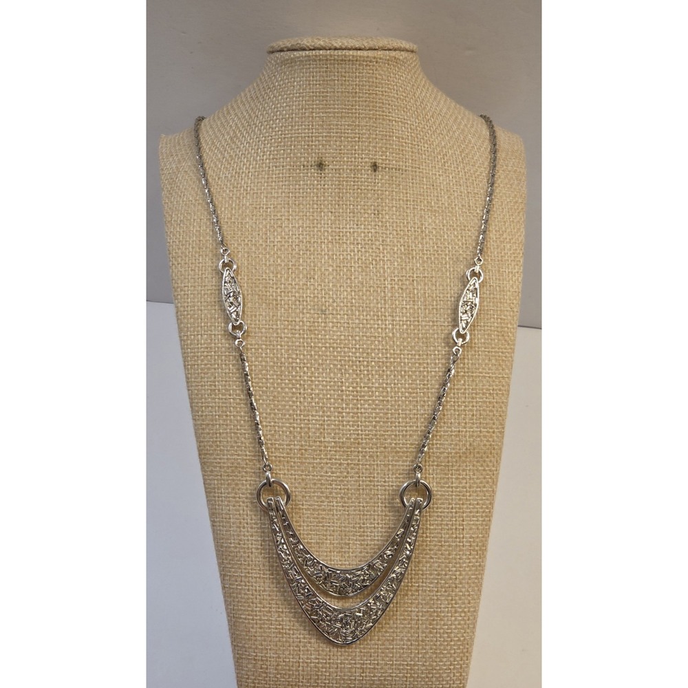 Vintage 60s Crown Trifari Statement Necklace Double V Silver Tone Pendant 24"